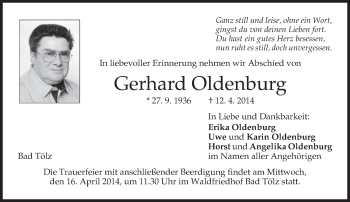 Todesanzeige von Gerhard Oldenburg von merkurtz