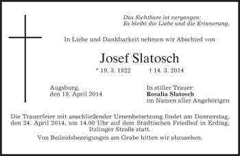 Todesanzeige von Josef Slatosch von merkurtz