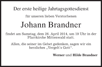 Todesanzeige von Johann Brandner von merkurtz