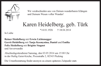 Todesanzeige von Karen Heidelberg von merkurtz