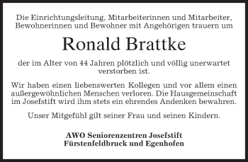 Todesanzeige von Ronald Brattke von merkurtz