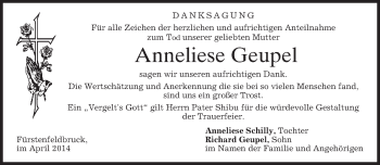Todesanzeige von Anneliese Geupel von merkurtz