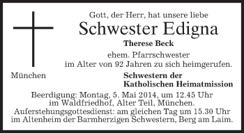 Todesanzeige von Therese Beck von merkurtz