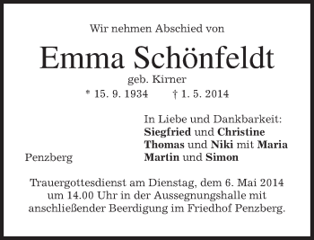Todesanzeige von Emma Schönfeldt von merkurtz