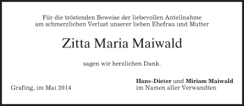 Todesanzeige von Zitta Maria Maiwald von merkurtz