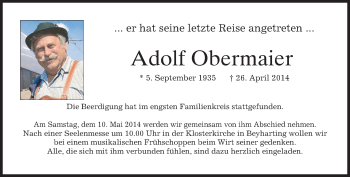 Todesanzeige von Adolf Obermaier von merkurtz