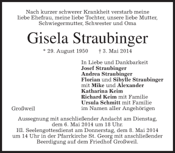 Todesanzeige von Gisela Straubinger von merkurtz