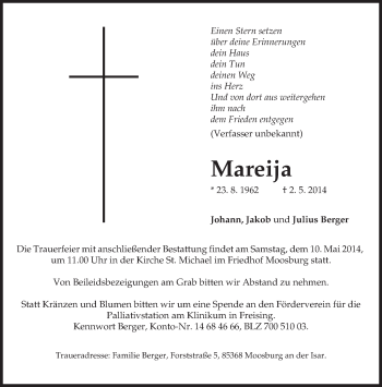 Todesanzeige von Mareija  von merkurtz