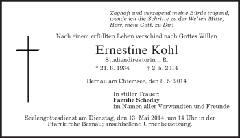 Todesanzeige von Ernestine Kohl von merkurtz