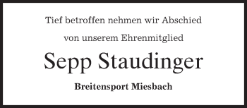 Todesanzeige von Sepp Staudinger von merkurtz