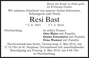 Todesanzeige von Resi Bast von merkurtz