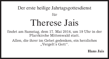 Todesanzeige von Therese Jais von merkurtz
