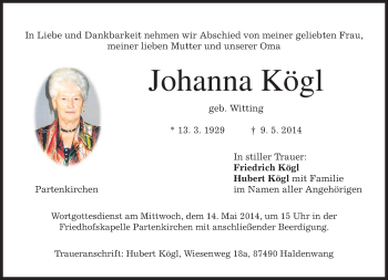 Todesanzeige von Johanna Kögl von merkurtz