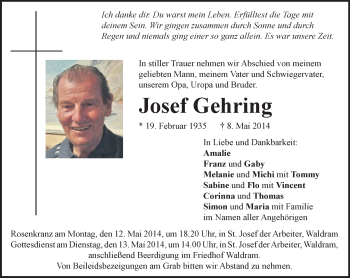 Todesanzeige von Josef Gehring von merkurtz