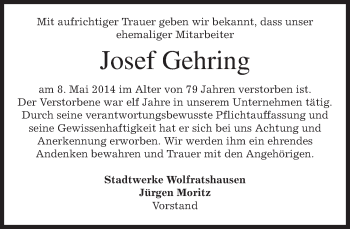 Todesanzeige von Josef Gehring von merkurtz