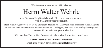 Todesanzeige von Walter Wehrle von merkurtz