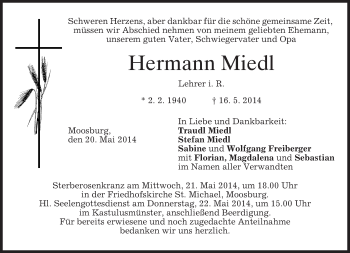 Todesanzeige von Hermann Miedl von merkurtz