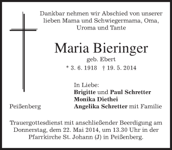 Todesanzeige von Maria Bieringer von merkurtz