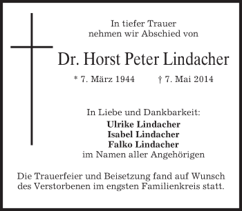 Todesanzeige von Horst Peter Lindacher von merkurtz