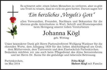 Todesanzeige von Johanna Kögl von merkurtz