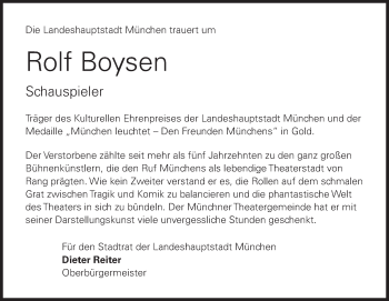 Todesanzeige von Rolf Boysen von merkurtz
