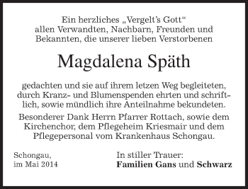 Todesanzeige von Magdalena Späth von merkurtz