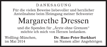 Todesanzeige von Margarethe Dressen von merkurtz