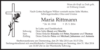 Todesanzeige von Maria Rittmann von merkurtz