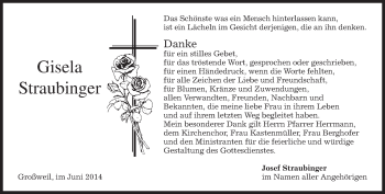 Todesanzeige von Gisela Straubinger von merkurtz