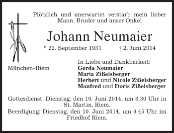 Todesanzeige von Johann Neumaier von merkurtz