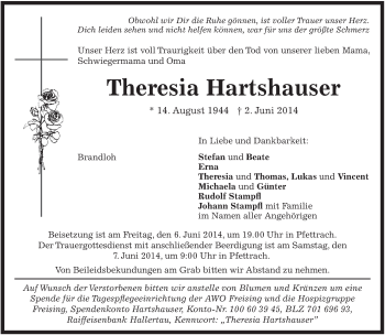 Todesanzeige von Theresia Hartshauser von merkurtz