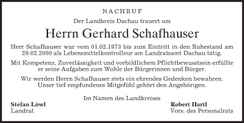 Todesanzeige von Gerhard Schafhauser von merkurtz