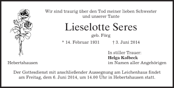 Todesanzeige von Lieselotte Seres von merkurtz