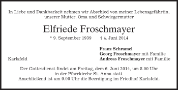 Todesanzeige von Elfriede Froschmayer von merkurtz