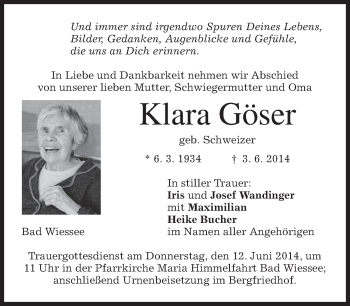 Todesanzeige von Klara Göser von merkurtz