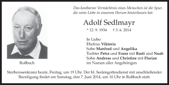 Todesanzeige von Adolf Sedlmayr von merkurtz