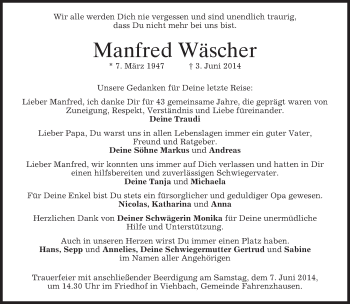 Todesanzeige von Manfred Wäscher von merkurtz
