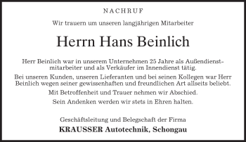 Todesanzeige von Hans Beinlich von merkurtz