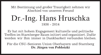 Todesanzeige von Hans Hruschka von merkurtz