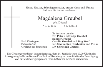 Todesanzeige von Magdalena Greubel von merkurtz
