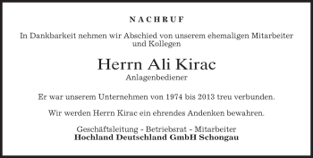 Todesanzeige von Ali Kirac von merkurtz