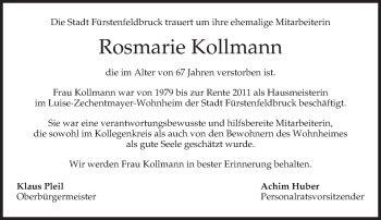 Todesanzeige von Rosmarie Kollmann von merkurtz