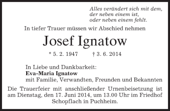 Todesanzeige von Josef Ignatow von merkurtz