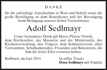 Todesanzeige von Adolf Sedlmayr von merkurtz