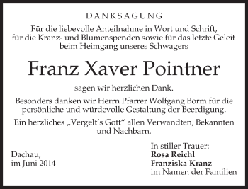 Todesanzeige von Franz Xaver Pointner von merkurtz