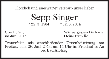 Todesanzeige von Sepp Singer von merkurtz
