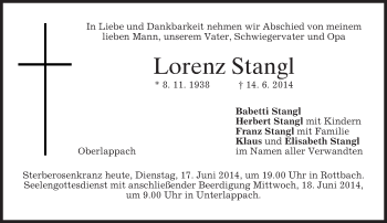 Todesanzeige von Lorenz Stangl von merkurtz