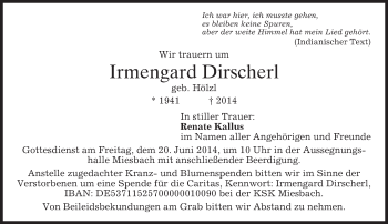 Todesanzeige von Irmengard Dirscherl von merkurtz