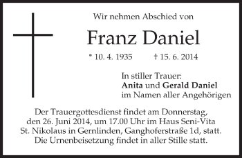 Todesanzeige von Franz Daniel von merkurtz
