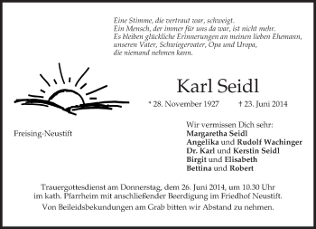Todesanzeige von Karl Seidl von merkurtz